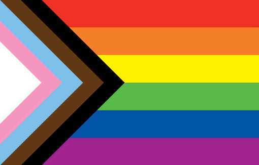 Progress Pride Flag; rainbow flag with white, pink, light blue, brown and black arrow to include transgender pride.